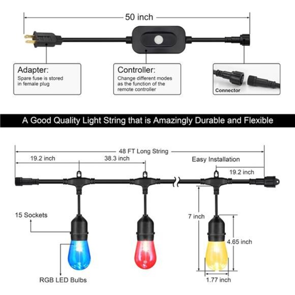 48FT Outdoor Patio Lights Waterproof Dimmable with Remote, RGB Cafe LED Lights - Picture 6 of 7